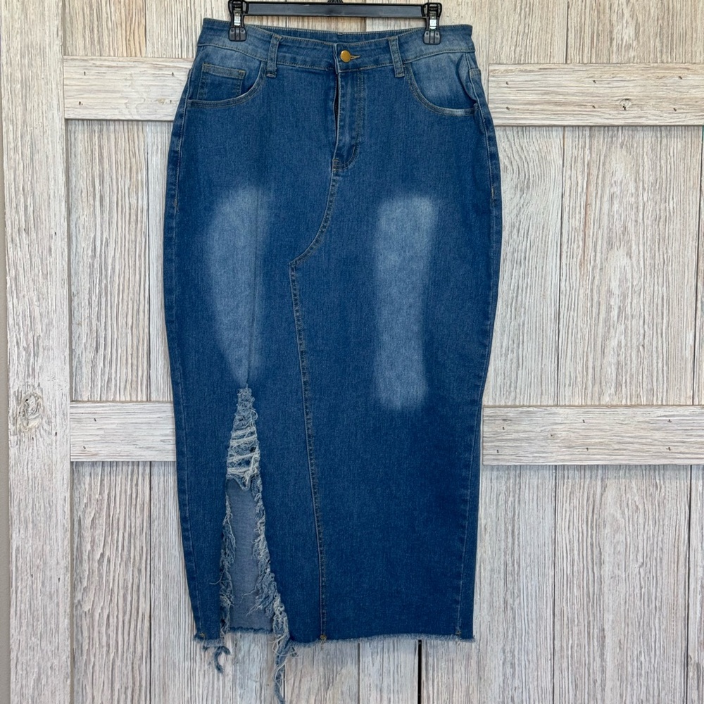 Distressed Dark Blue Denim Midi Skirt Sz 2XL